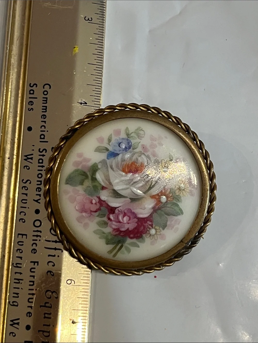 VINTAGE LIMOGES PORCELAIN HAND PAINTED FLORAL PIN, signed